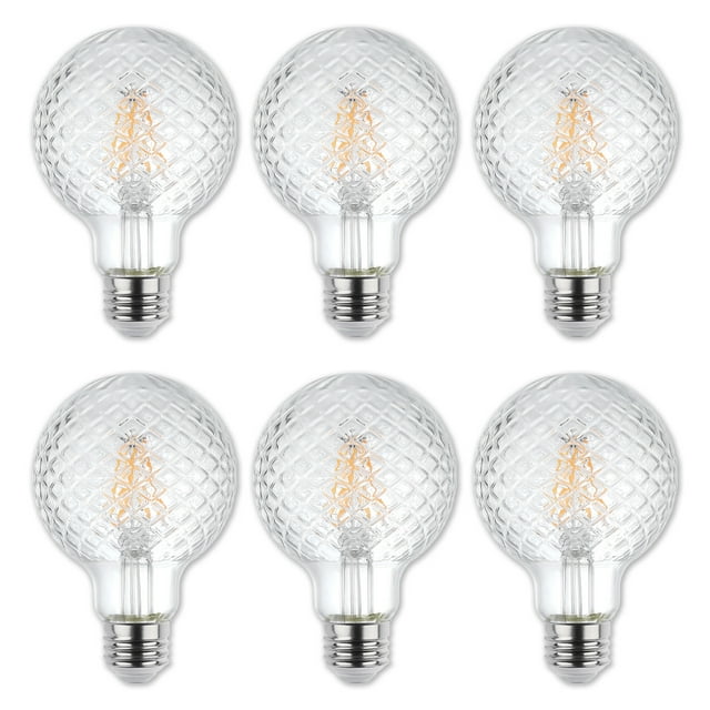 Six Westinghouse 5.5 watt dimmable clear filament LED light bulbs with cut glass G25 design.