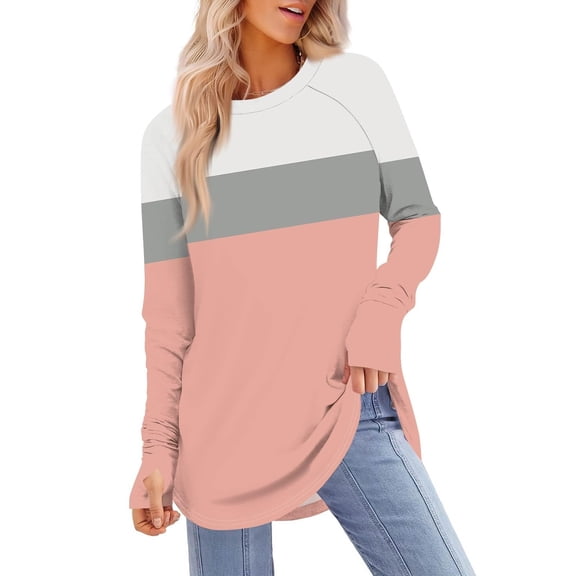Womens Long Length Spring Clothes, Long Sleeve Shirts for Women Fashion Loose Fit Striped Color Patchwork Crewneck T-Shirts