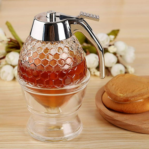 Travelwant Honey Dispenser No - Maple Syrup Dispenser Glass - Beautiful Honey Comb Shaped Honey Pot - Honey Jar with Stand, Great Bee Decor