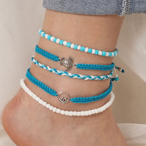PAMINGONO 5Pcs Cord Bracelets for Women Sky Blue Round Rice Beads Special Occasions Beach Jewelry