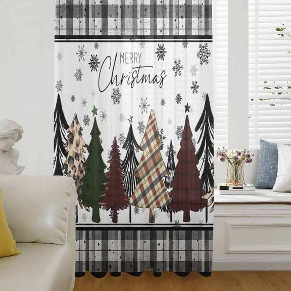 Christmas Tree Semi Sheer Curtains Drapes for Living Room, Bedroom, French Doors Window 84 Inches Long, Xmas Tree Grey Plaid Snowflake Rod Pocket Chiffon Curtain Drapery Voile Draperies Panel