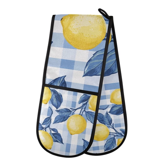 Yayeee Double Oven Mitt Kitchen Heat Resistant Baking 35" x7" Quilted Glove, Light Blue Lemon
