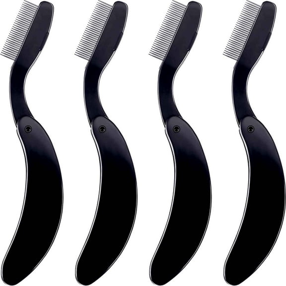 4 Packs Folding Eyelash Comb, Stainless Steel Teeth Eyebrow Comb Lash and Brow Makeup Brush (Black)