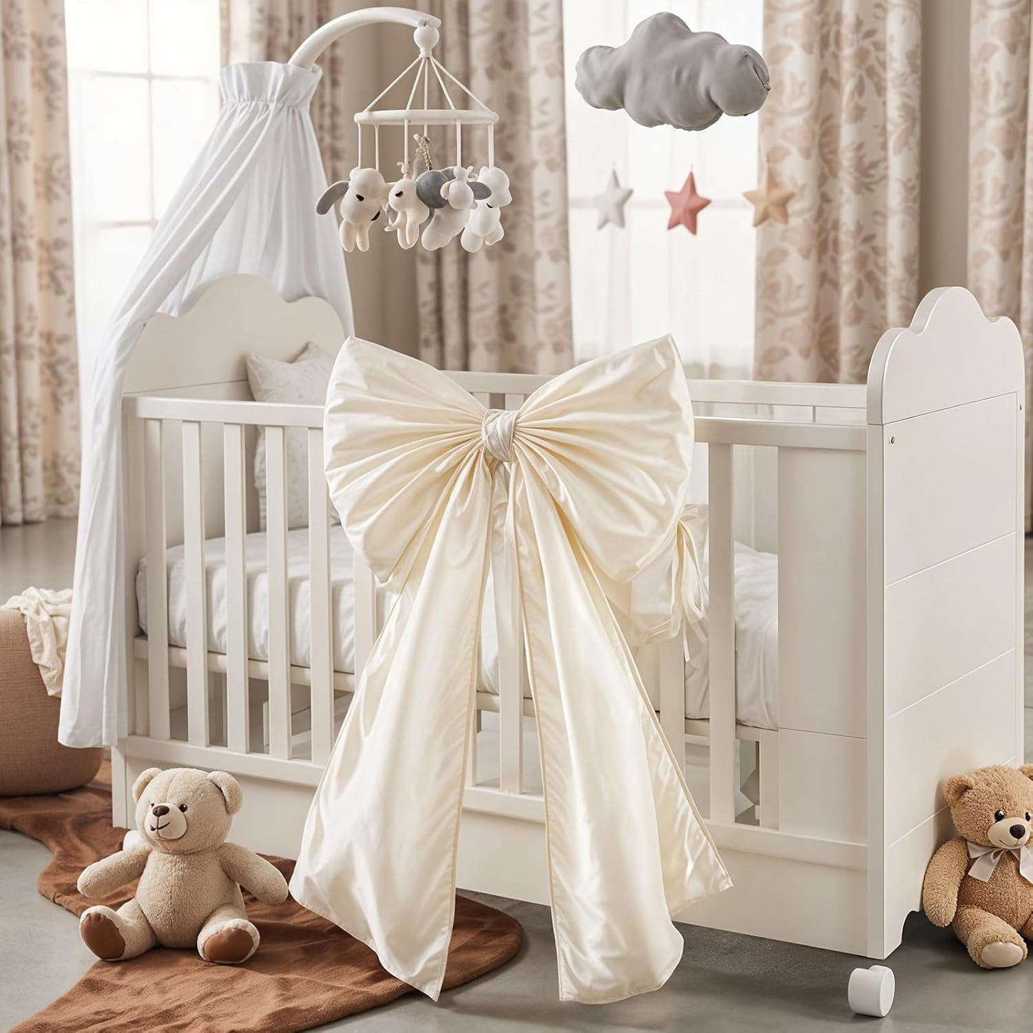 Giant Bow Decoration Big Cream White Large Coquette Bow for Backdrop Birthday Party Room Wall Wedding Bride Decor, Ribbon Tie Hanging Gift Coquette Wall Decor (Satin, Internal Stability Layer)