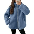 thumbnail image 2 of jtjvou Womens Oversized Solid Color Fleece Jacket Zip Up Teddy Coat Winter Warm Stand Collar Fuzzy Outerwear Blue L, 2 of 9