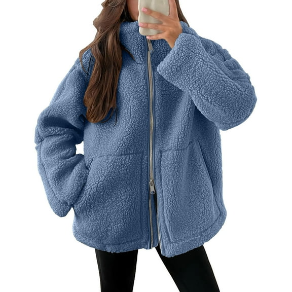 BangWanChi Womens Coats Winter Prime Women's Solid Winter Faux Coats Long Sleeve Lapel Pockets Fleece Jacket Casual Trendy Outerwear Blue L