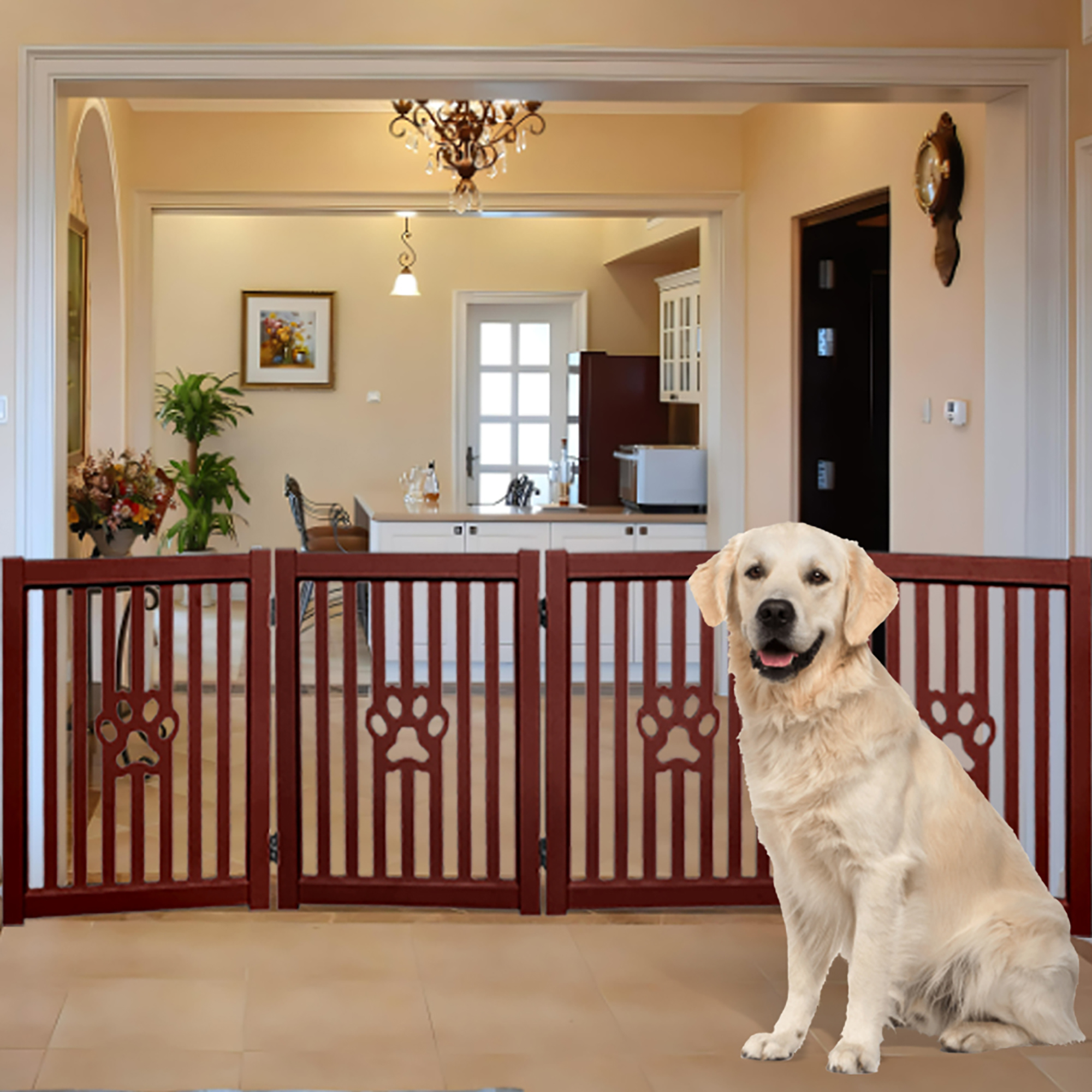 Trimate: 4 Panel Dog Gate - Mahogany - Foldable Wooden Freestanding Pet Gate, 80"L x 23.6"H, For Doorways, Halls & Stairs, 360 Degree Rotated Hinges