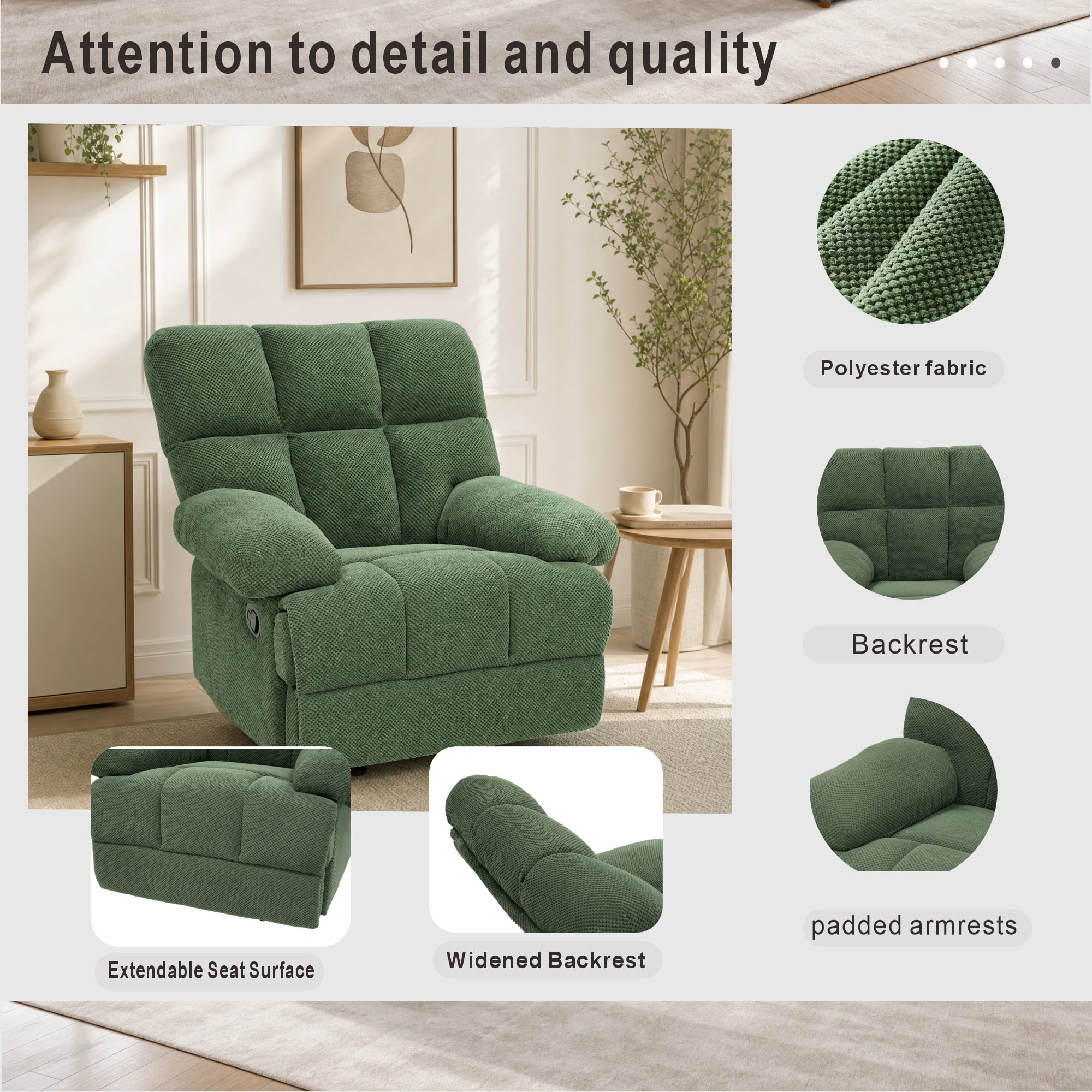 MOONMISS Modern Manual Rocker Recliner Chair, with nubby upholstery Fabric for Living Room,Green