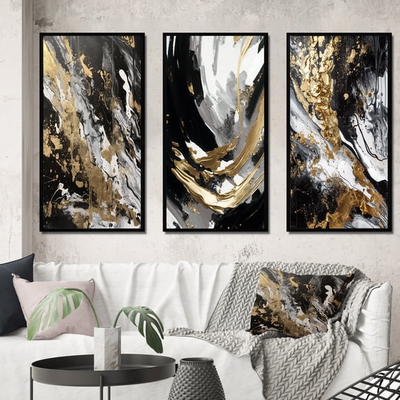 Designart "Blissful Waves Abstract in Gold, White, and Black VI" Abstract Painting Framed Wall Art Set Of 3 - Gold Modern Frame Gallery Wall Set For Home Decor