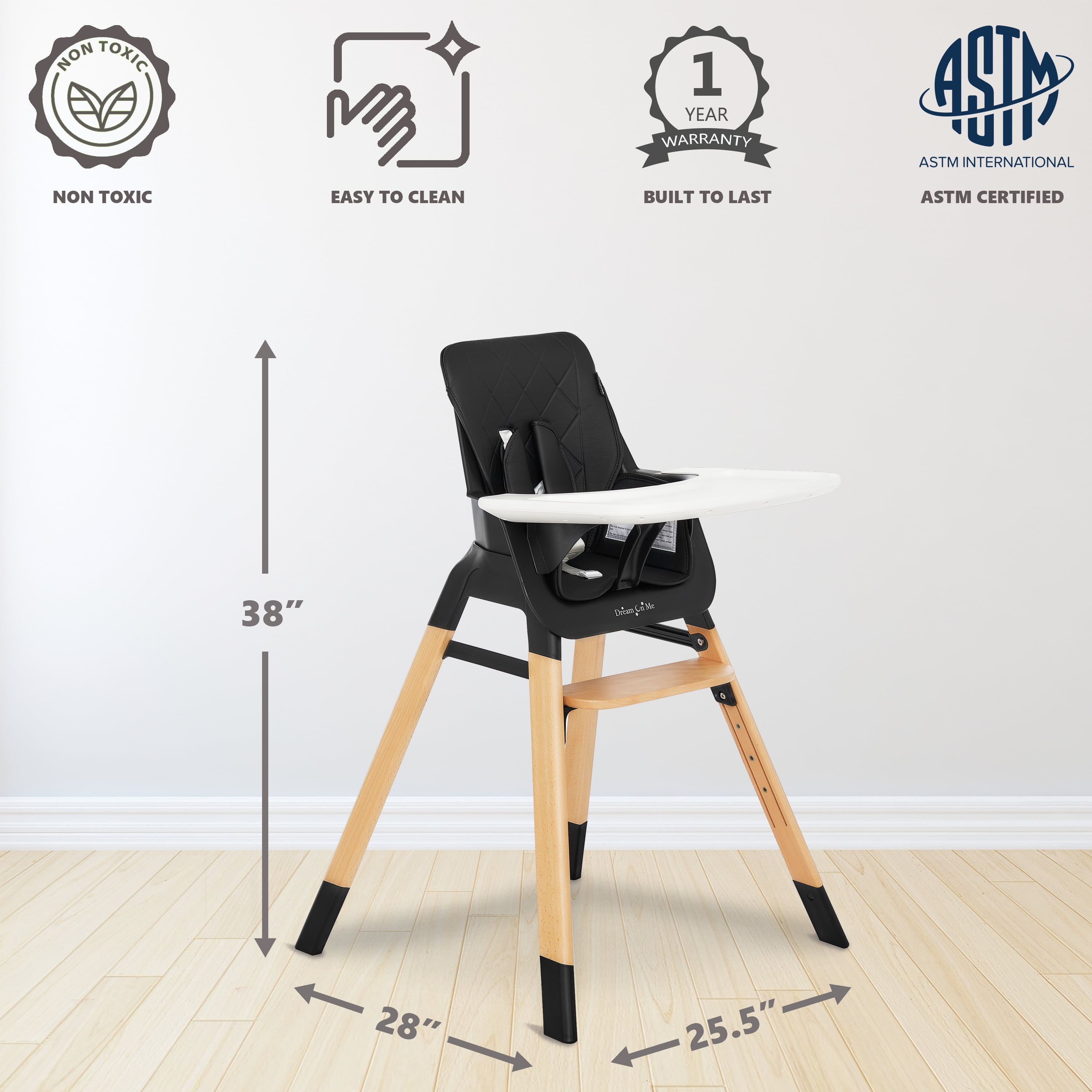 Dream on Me Nibble Wooden Highchair | Compact High Chair | Light Weight | Portable |Removable Seat Cover I Adjustable Tray I Baby and Toddler