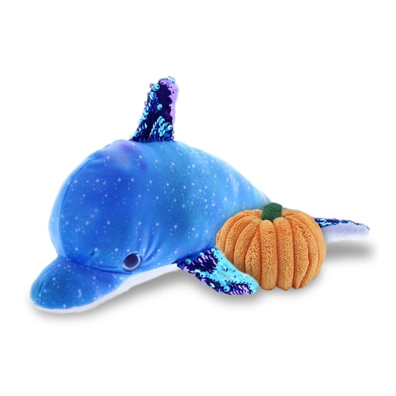 DolliBu Super Soft Plush Space Sequin Plush Dolphin Stuffed Animal with Pumpkin Decor - Pumpkin Plush Animal for Fall, Halloween and Thanksgiving, Pumpkin Toy for Baby, Kids, Adults - 12 Inches