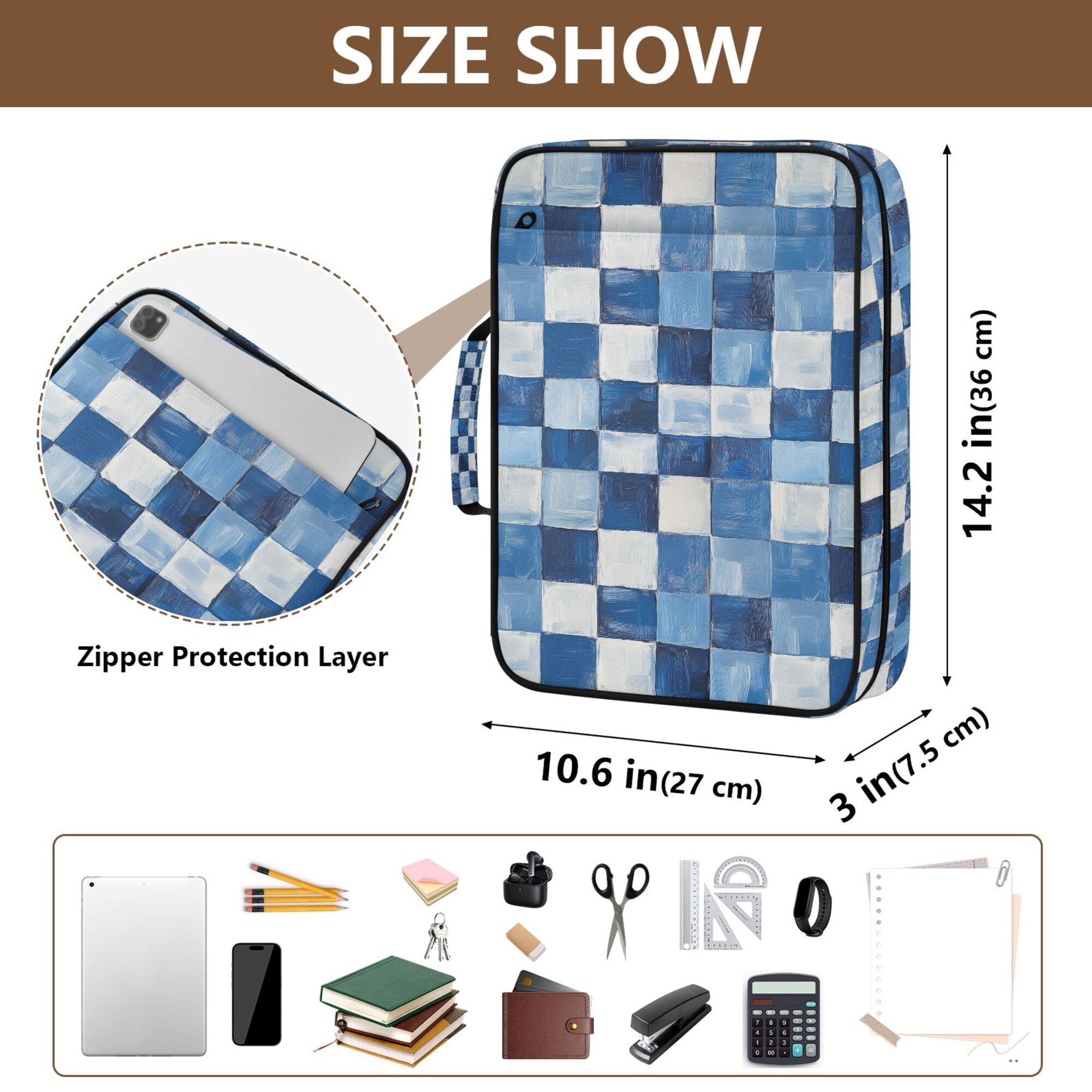 FORMRS Accordion File Folder A4 Size 7-Pocket Expanding Document Organizer Bag with 3 Ring Binder, Blue and Gray Plaid Pattern