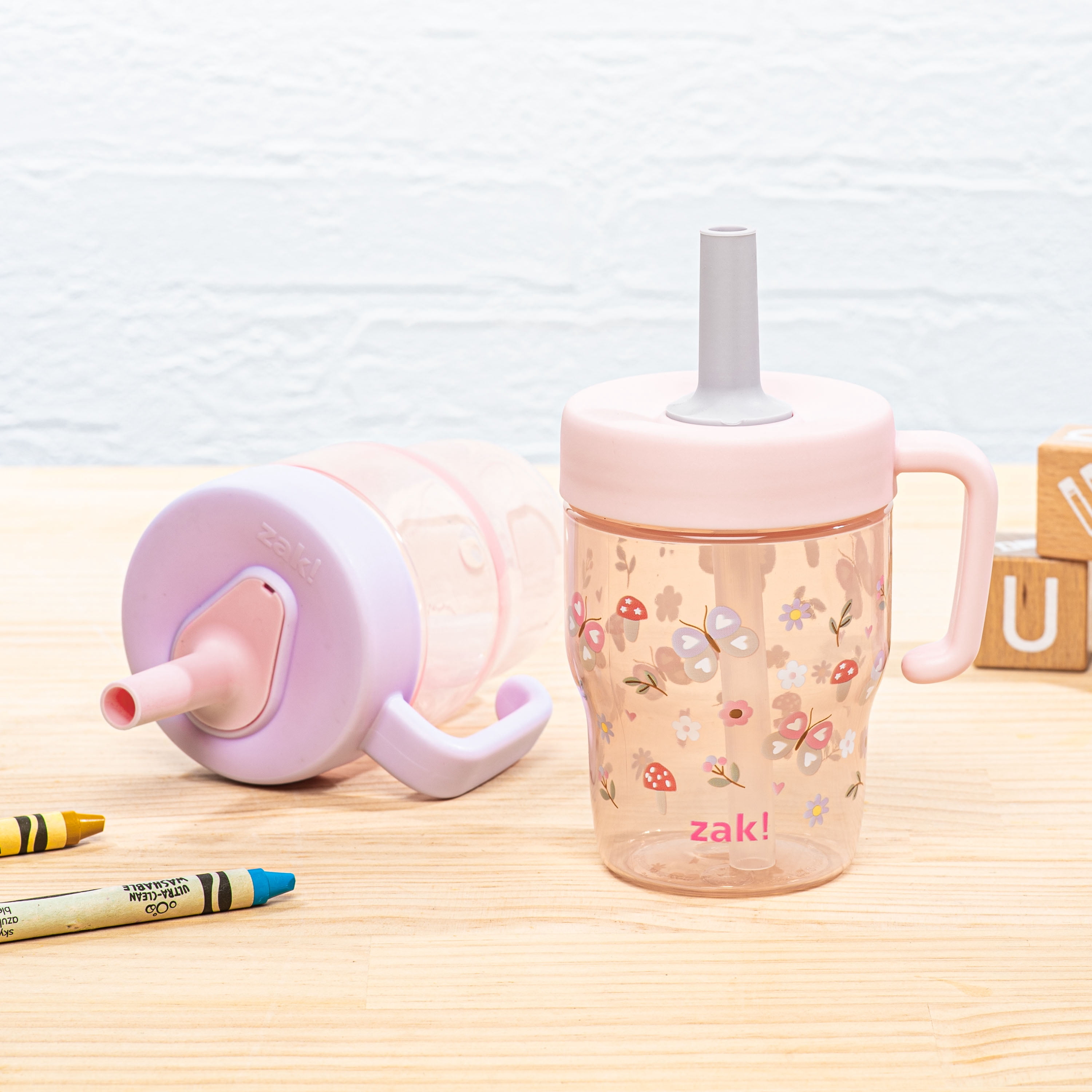 Zak Designs Capri Toddler Tumbler For Travel or At Home, 10oz 2-Pack Durable Plastic Sippy Cups With Handle and Leak-Proof Design are Perfect For Kids (Springtime, Pink)
