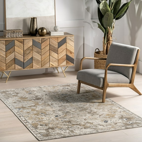 nuLOOM Zenni Vintage Floral Indoor/Outdoor Machine Washable Area Rug, 4' x 6', Zenni Beige