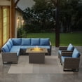 thumbnail image 2 of POCASSY 6PCS Patio Furniture Set with Fire Pit Table - All Weather Brown Wicker Outdoor Sectional Sofa with Club Chair and 41" Rectangular Propane Firepit Table for Deck, Porch, Garden - Blue, 2 of 19