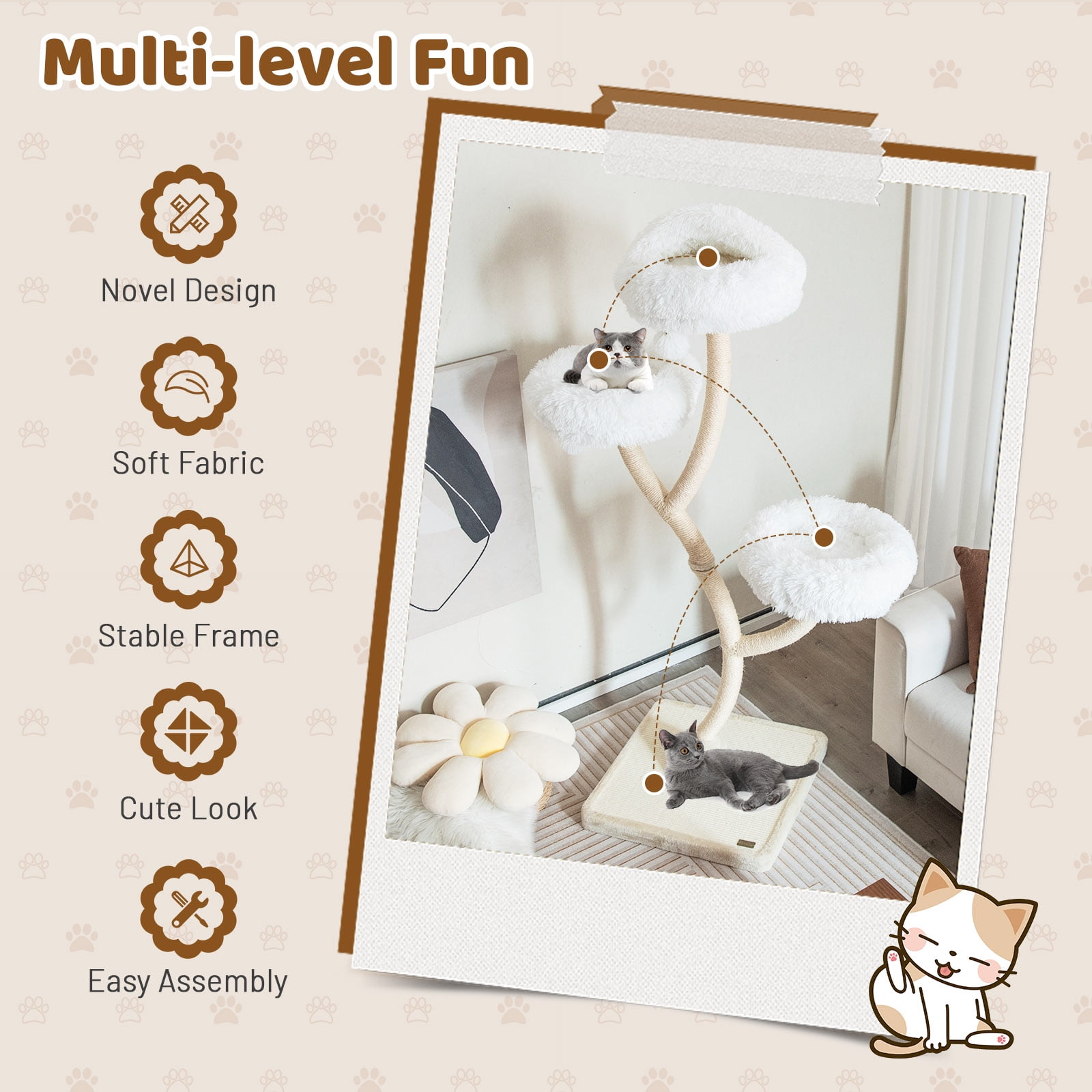 Infans Cat Tree Tower 70" Multi-Level Kitten Activity Center w/ 3 Perches & Balls Beige