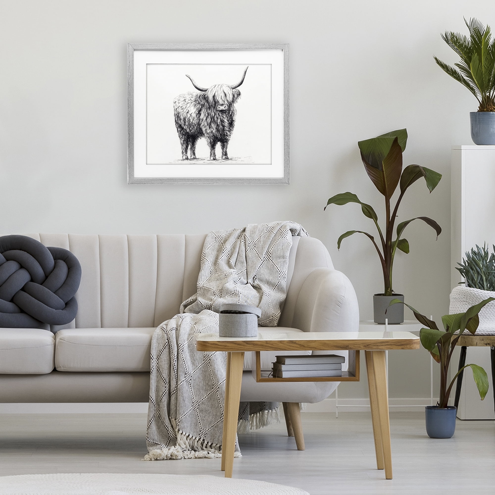 Stupell Industries Highland Cow in Charcoal Gray Framed Print Under Glass, design by Leah Noel Art