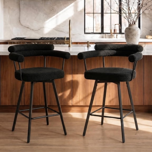 LAZZO 26" Bar Stools Set of 2, Swivel Counter Height Bar Chairs with High Back and Metal Legs for Kitchen Island, Black