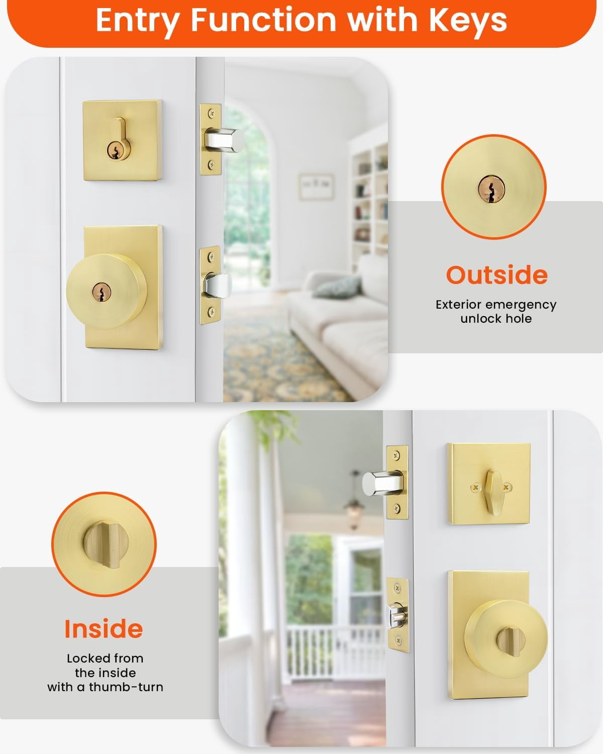 Gold Door Knob with Deadbolt, Zinc Alloy Brushed Gold Exterior Door Lock Set, Heavy Duty Brushed Brass Front Door Knob and Deadbolt Set with Lock and Key, Reversible (2 Pack)