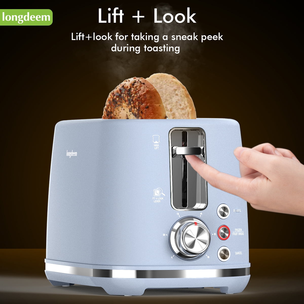 LONGDEEM 2 Slice Toaster - 6 Settings, Extra Wide Slots, High Lift, Auto Shutoff - Blue
