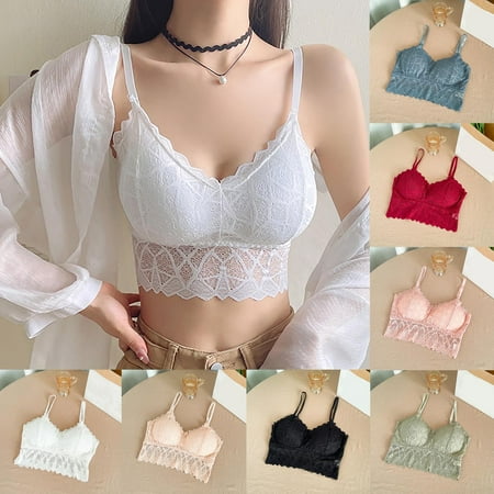 Lace Bralettes for Women Y2K Strap Bustier Cami Top V Spaghetti Adjustable Strap Tank Camisole Crop Top Everyday Underwear Lace Lingerie Bra Brassieres Para Mujer White