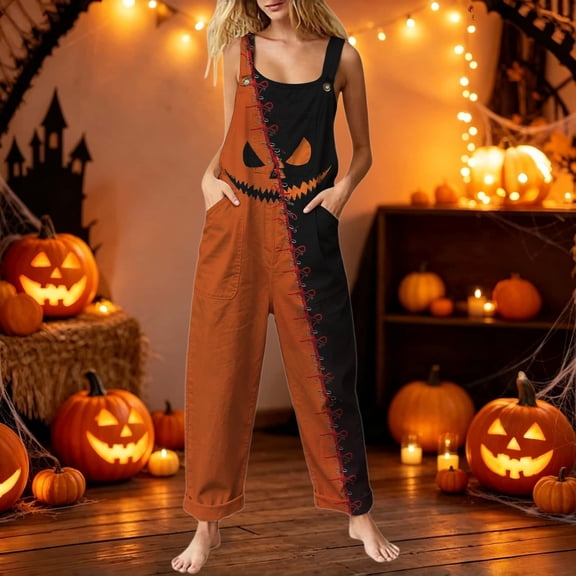 NordicNest Stylish Womens Halloween Themed Strappy Jumpsuit Playful Face Print Patch Color for Party Everyday Wear Orange,S