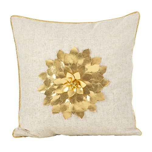 SARO LIFESTYLE Metallic Poinsettia Flower Design Holiday Poly Filled Throw Pillow, 18" x 18", Gold