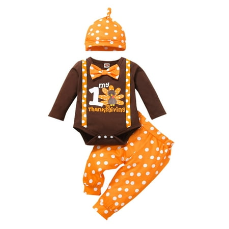 

Boys Girls Outfits Thanksgiving Day Long Sleeve Cartoon Prints Romper Bodysuits Pants Hat Outfits