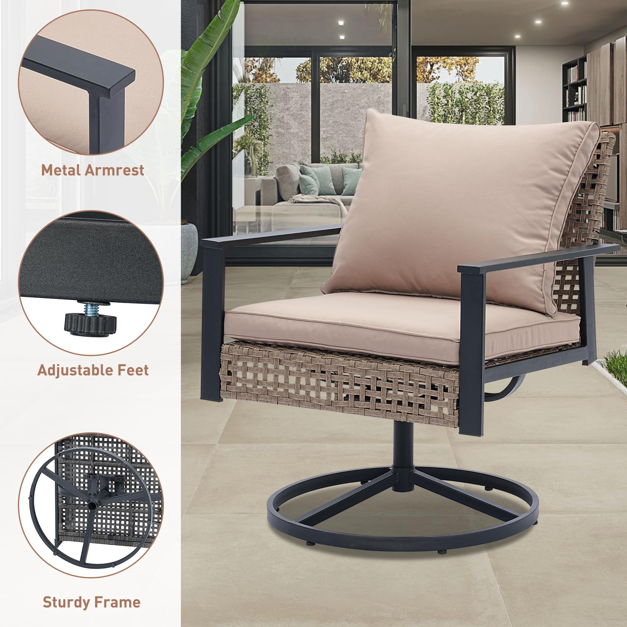 Ainfox Premium Patio Swivel Bistro Set,Wicker Rattan Rocking Chairs w/Glass Top Table & Cushions,Khaki