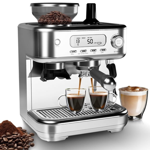 15 Bar Espresso Machine with Grinder and Milk Frother, LCD Smart Control Panel & PID Temperature Control, Stainless Steel Coffee Maker for Latte & Cappuccino