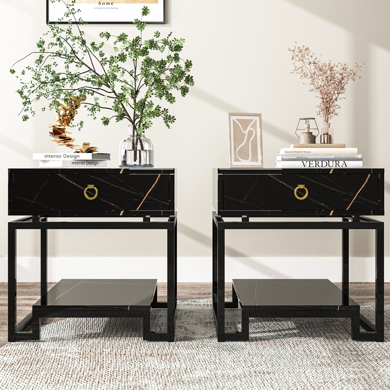 Yardi Yard Set of 2 Mid Century Modern Marble Pattern Nightstands with Gold Accent Handles, Black Yardi Yard Set of 2 Mid Century Modern Marble Pattern Nightstands with Gold Accent Handles, Black