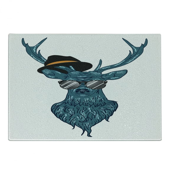 Antlers Cutting Board, Image of a Deer Hipster in Glasses Hat and Mustache Modern Style Print, Decorative Tempered Glass Cutting and Serving Board, Small Size, Teal and Black, by Ambesonne