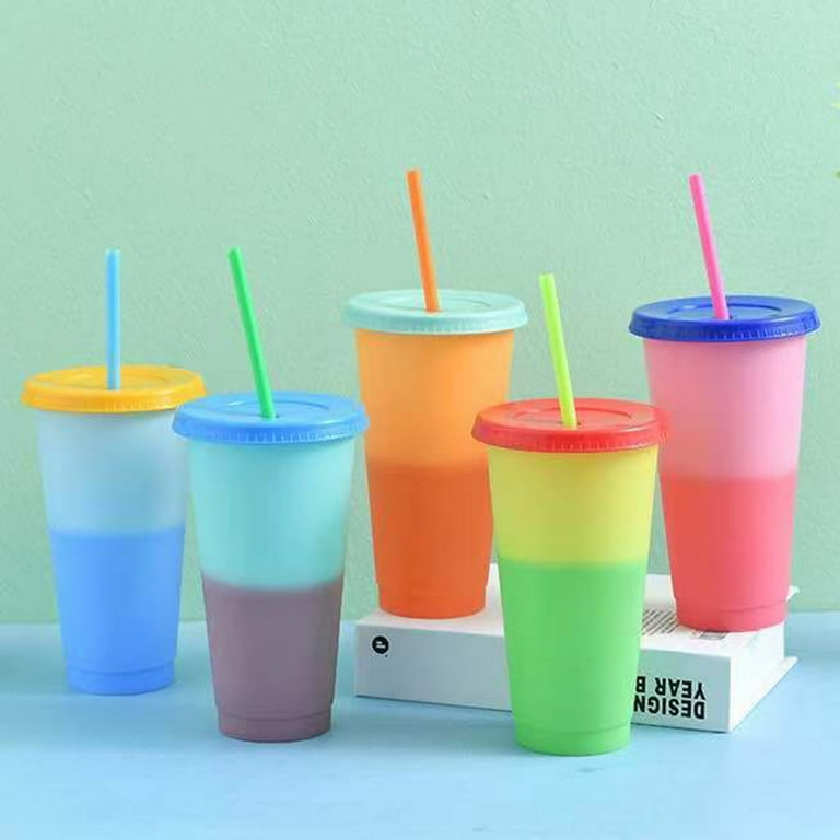 UDIYO 720ML Plastic Cups with Lids and Straws - 24 oz Color Changing Cups  with Lids and Straws Bulk, Reusable Cups with Lids and Straws for Adults  Kid Women Party, Cute Cold