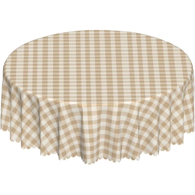 Round Tablecloth with Wave Lace 60 Inch, Beige Gingham Round Tablecloths Durable Table Top Cover Outdoor Tablecloth for Restaurant, Picnic, Indoor and Outdoor Dining