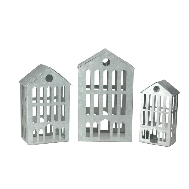 Set Of 3 Silver Galvanized Nesting Christmas Houses Tabletop Decor 12 Com - Galvanized Metal Houses Decor