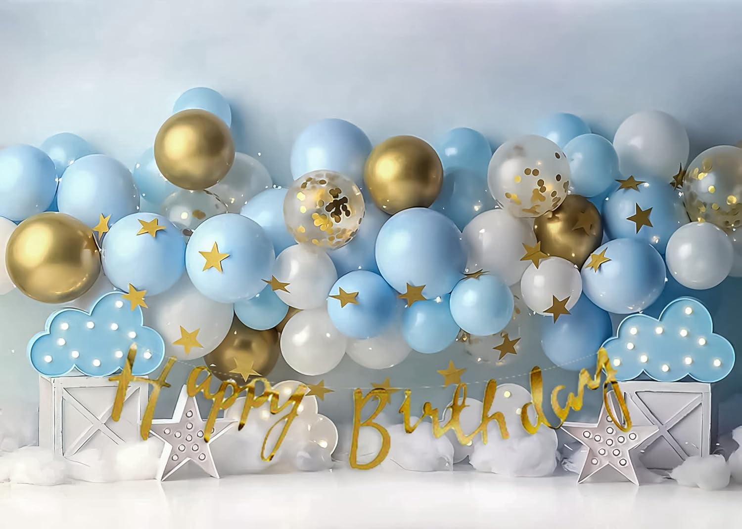 FH Blue & Golden Happy Birthday Decoration Items For Boys Combo With Confetti Balloons, Gold Star String, Pastel Blue Balloons & Happy Birthday Paper- 51 Items,51 pcs