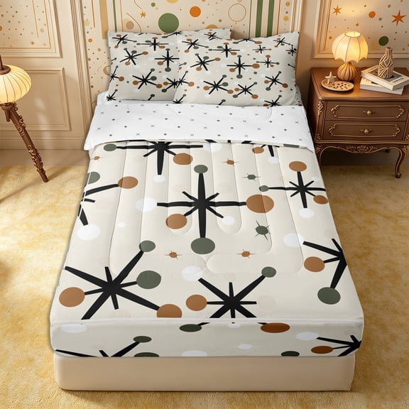 Castle Fairy Mid Century Atomic Star Zipper Twin Comforter Sets with Fitted Sheet and 2 Pillowcases,Vintage Dot Accent Zipper Bedding Set,Brown Olive Cream,Reversible