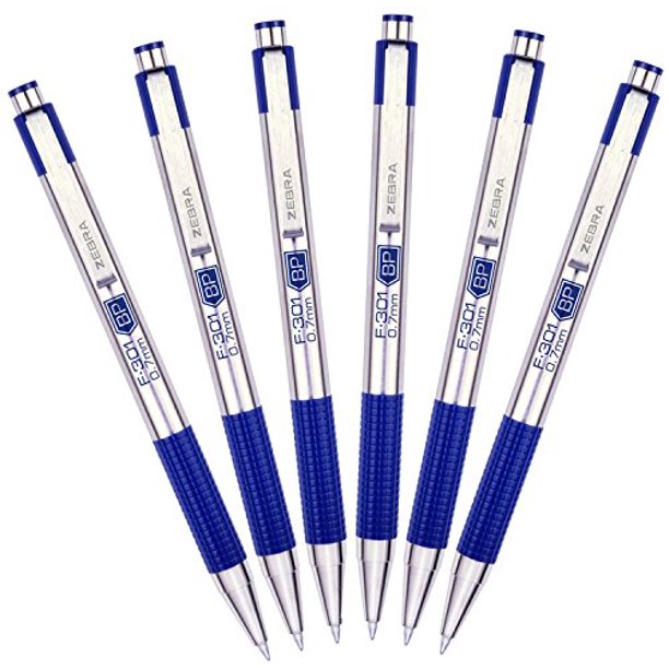 Zebra F301 Stainless Steel Retractable Ballpoint Pen, 0.7mm, Blue, 6