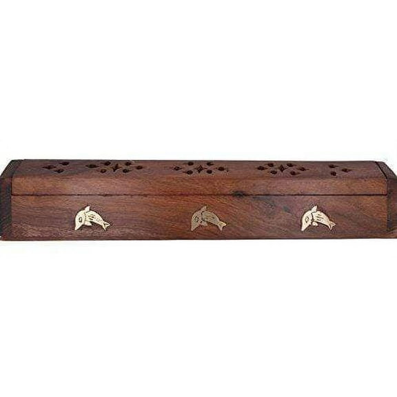 Cavelio Rose Wooden Coffin Incense Burner - Dolfish 12" - Brass Inlays & Storage Compartment (1)