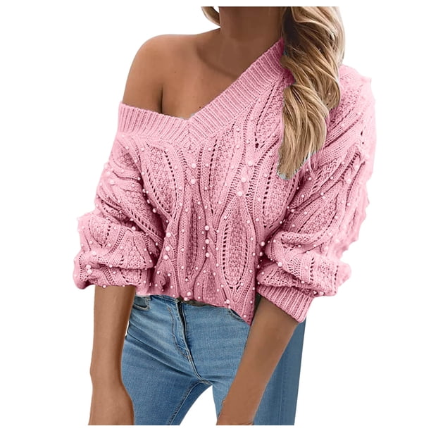 Gibobby Suéter cuello v, Suéter de punto de manga larga con cuello en V para mujer(Rosa,M)