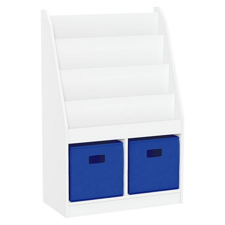RiverRidge Kids Bookshelf and Toy Storage Organizer with 4 Bookracks and 2 Cubbies for Playroom, Nursery, and Reading Nook - White with 2 Blue Fabric Bins