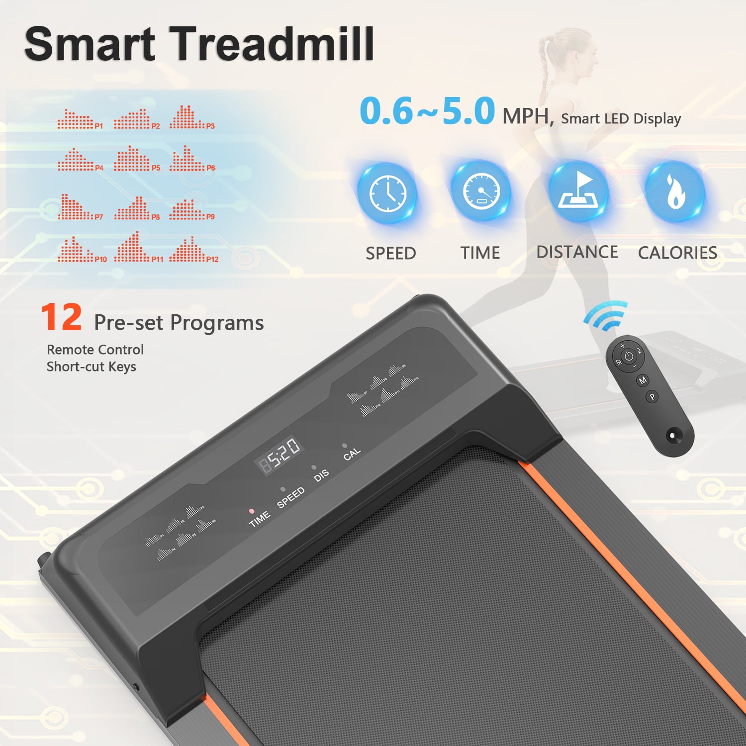 EUROCO 265LBS 2.5HP Under Desk Treadmill with 5mph Speed,50.4”Longer Running Walking Jogging Compact Exercise Machine with 12 Preset Programs Shock Reduction，Low Noise and Space-save Design for Home