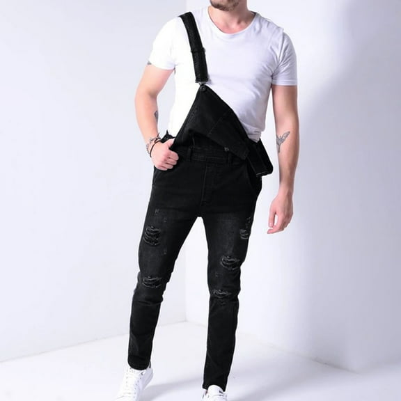 WXLWZYWL Men's Denim Bib Overalls Workwears Pants One-piece Ripped Slim-fit Jumpsuit with Adjustable Straps and Pockets