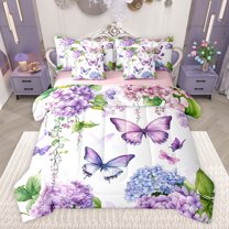 Castle Fairy Boys Girls Flying Purple Butterflies Bedding Comforter Set 7 Pieces,Chic Floral Flower Hydrangea Full Bedding Set Lightweight,Spring Garden Fitted Sheet Flat Sheet,Luxury Bedroom Decor