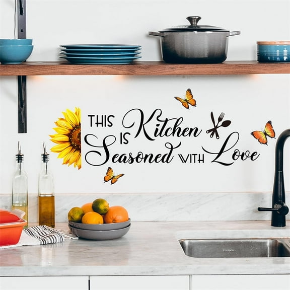 Sunflower Butterfly Kitchen Wall Stickers, Kitchen Quotes DIY Wall Decals Removable Vinyl Peel and Stick for Kitchen Dining