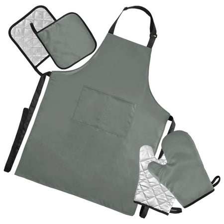 Dark Green 5 Pcs Kitchen Set Heat Resistant Oven Mitts and Non-Slip Pot Holders with Adjustable Cooking Apron