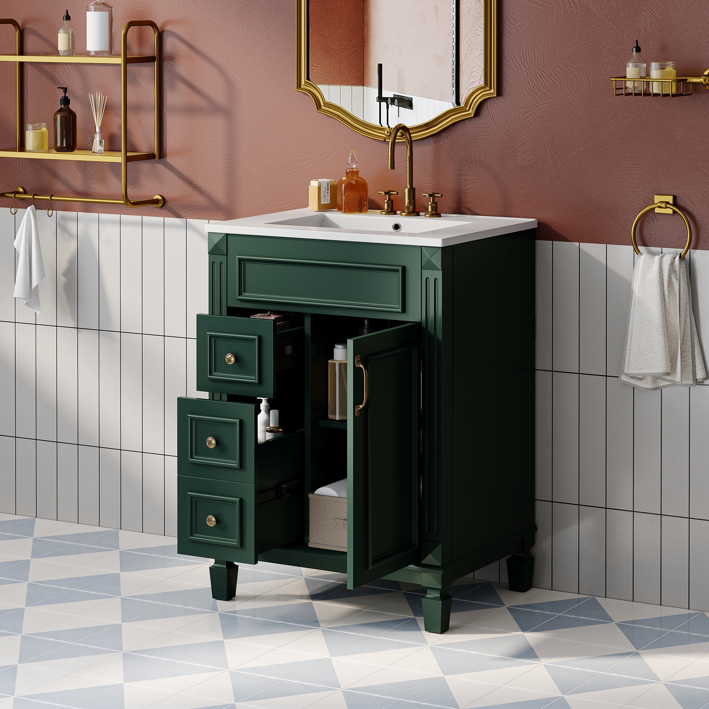 Euroco 24" Bathroom Vanity with Ceramic Sink, Small Bathroom Sink Cabinet, Modern Cabinet with 2 Drawers and Adjustable Shelf