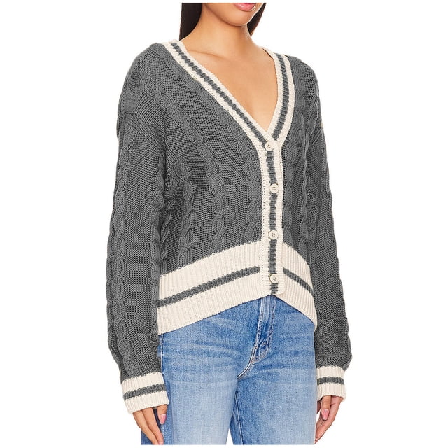 Suéter holgado con cuello en V para mujer, cuello abotonado, manga larga, color block, cárdigan, abrigo de poliéster para mujer