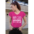 thumbnail image 2 of Breast Cancer Support Christian My God is Stronger Women's V-neck, 2XL, Pink, 2 of 5