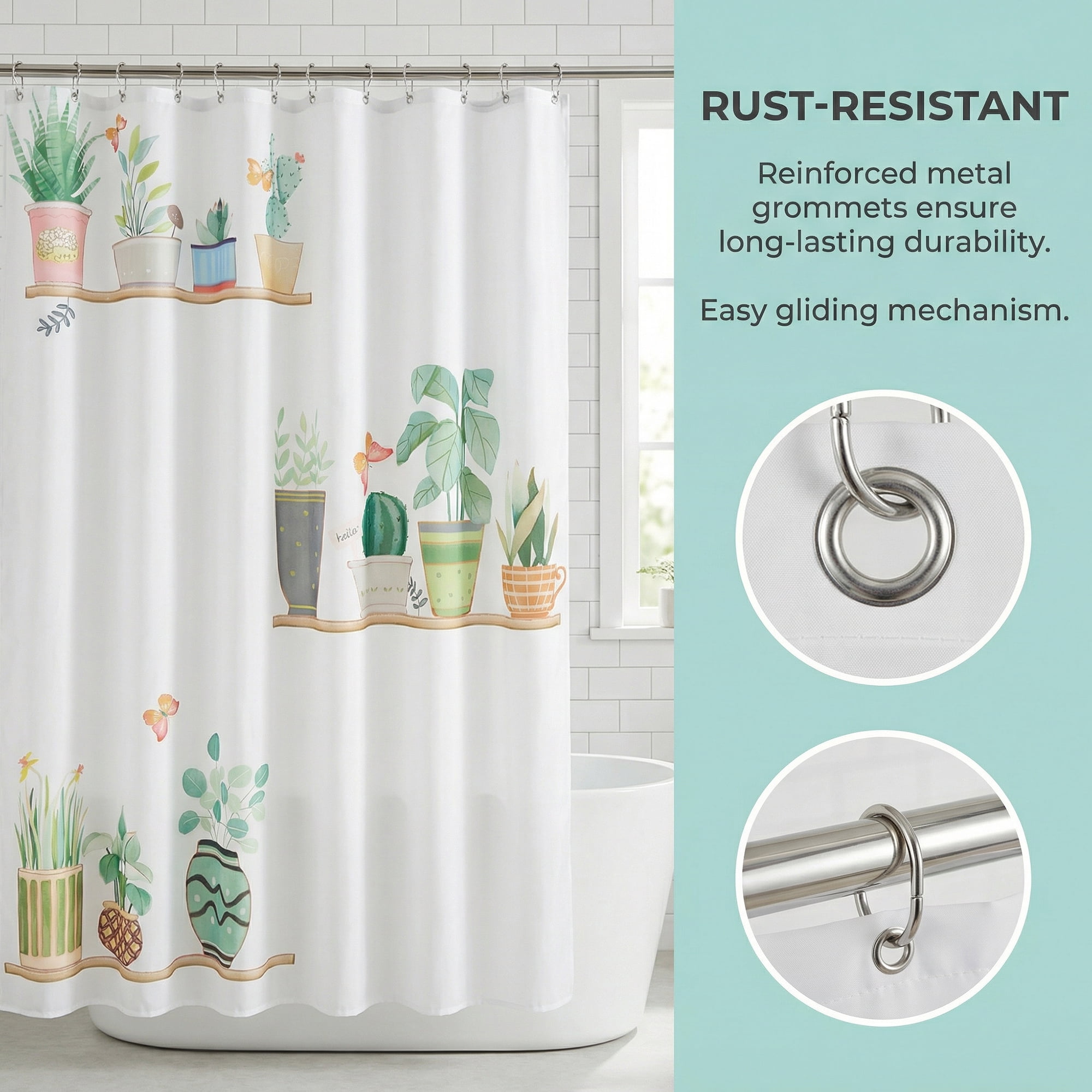 Unique Bargains Cute Print Shower Curtain Sets with Hooks Multicolor Succul 71"W x 71"L